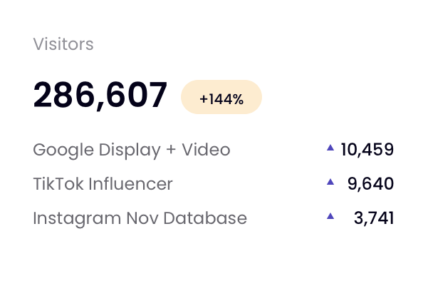 Analytics dashboard showing increased visitors to website including Google display TikTok influencer and Instagram ads