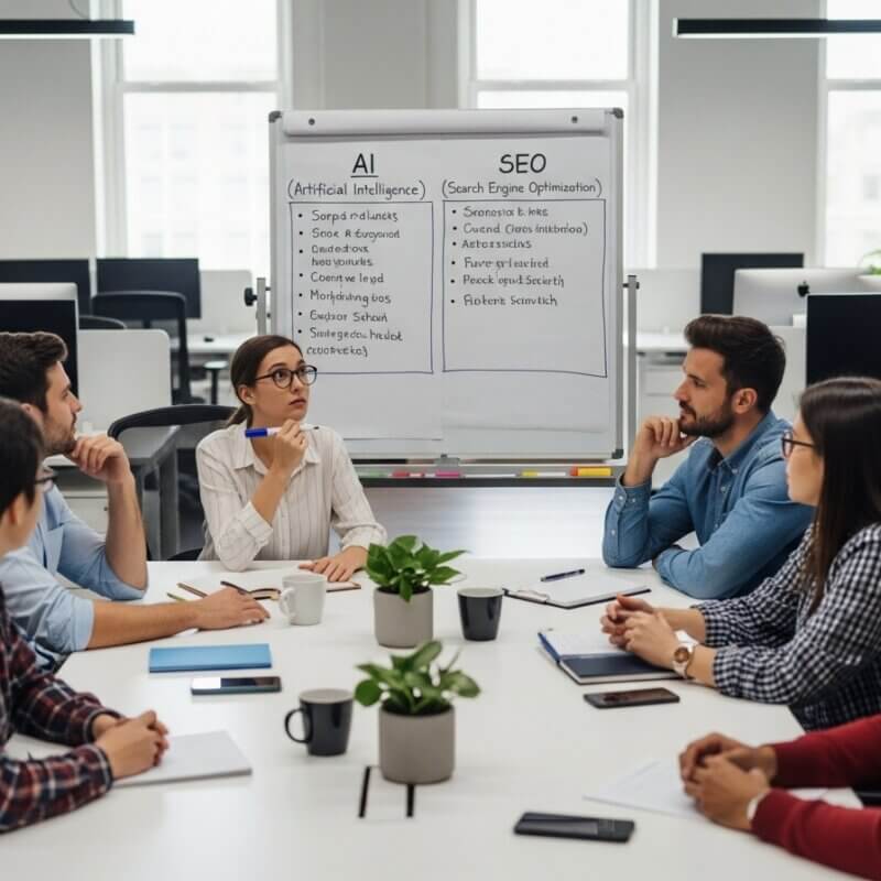 A team of diverse digital marketing experts at an agency collaborating around a large monitor, analyzing charts that compare traditional SEO performance against new AI-driven search insights.