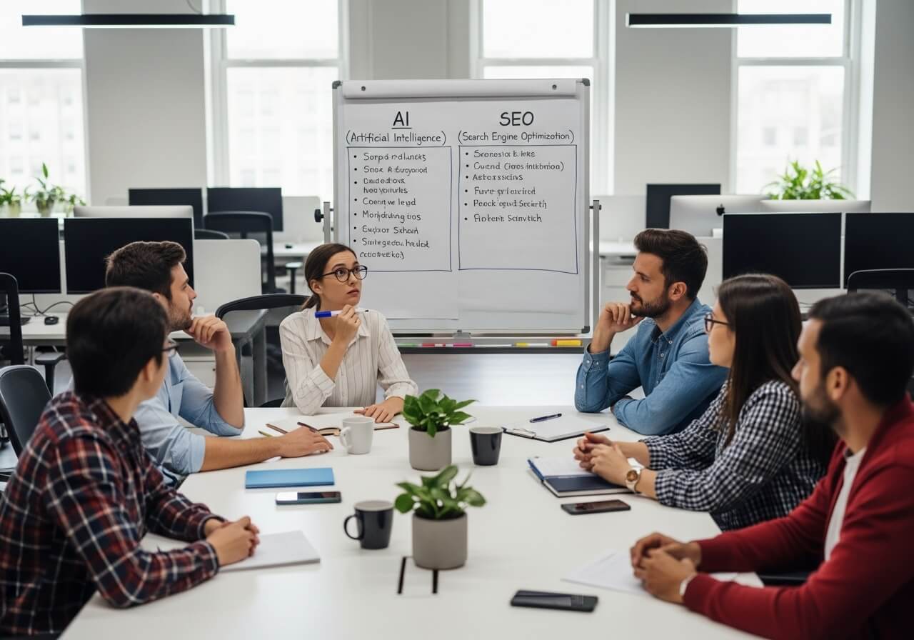 A team of diverse digital marketing experts at an agency collaborating around a large monitor, analyzing charts that compare traditional SEO performance against new AI-driven search insights.