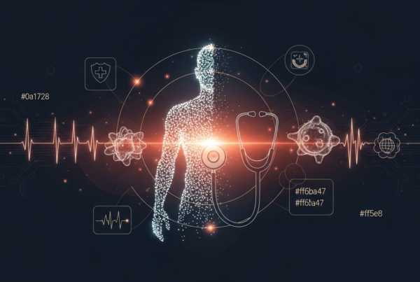 Conceptual illustration of AI in healthcare showing data points merging with medical imagery