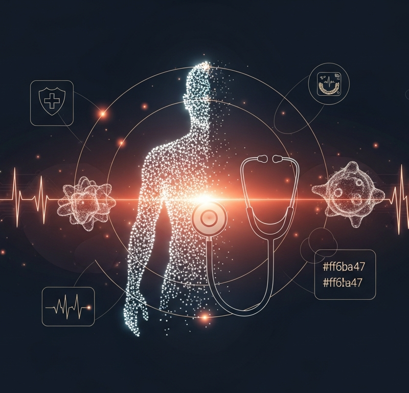 Conceptual illustration of AI in healthcare showing data points merging with medical imagery