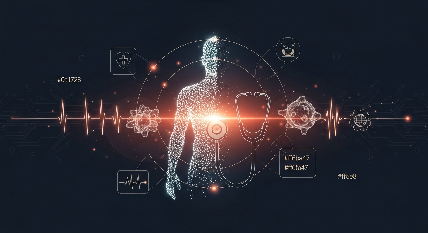 Conceptual illustration of AI in healthcare showing data points merging with medical imagery