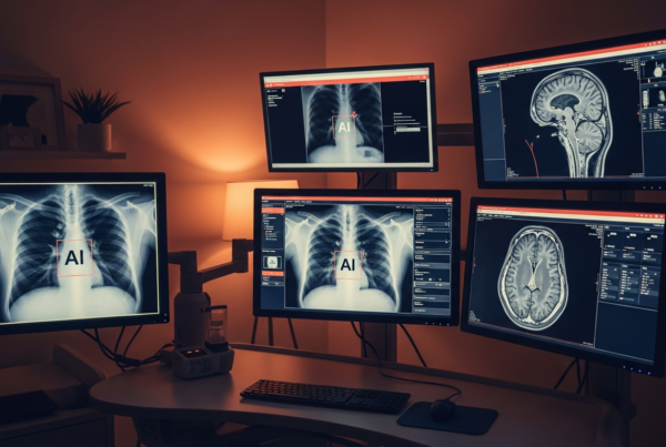 Radiology reading room with AI-annotated medical scans on multiple monitors