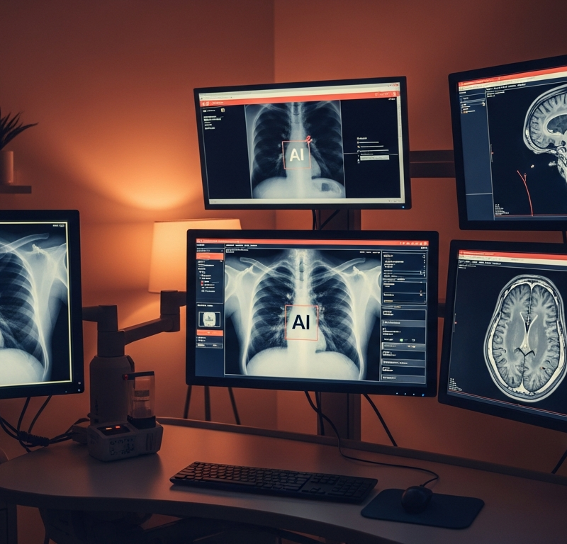 Radiology reading room with AI-annotated medical scans on multiple monitors