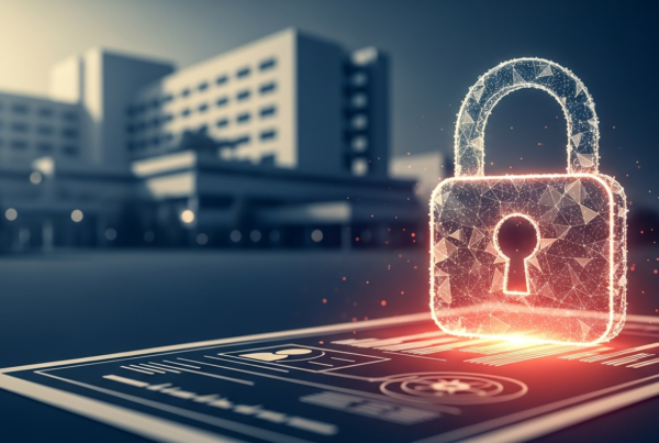 Conceptual illustration of encrypted data security atop a medical chart symbolizing HIPAA compliance for AI