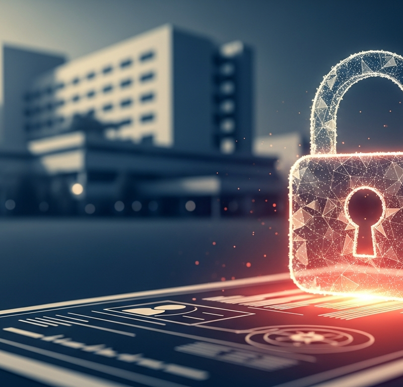 Conceptual illustration of encrypted data security atop a medical chart symbolizing HIPAA compliance for AI