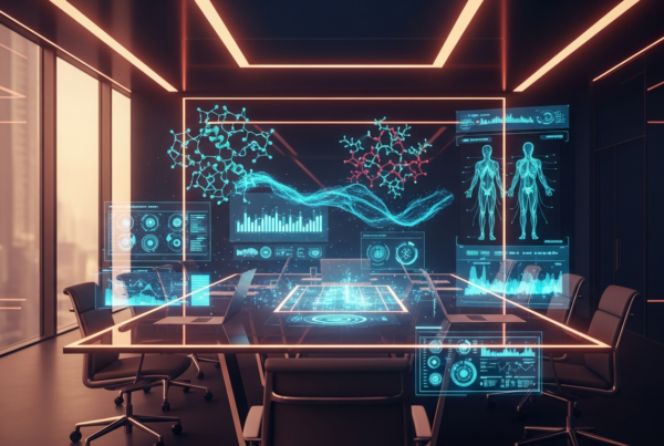 Futuristic healthcare boardroom with holographic medical AI displays