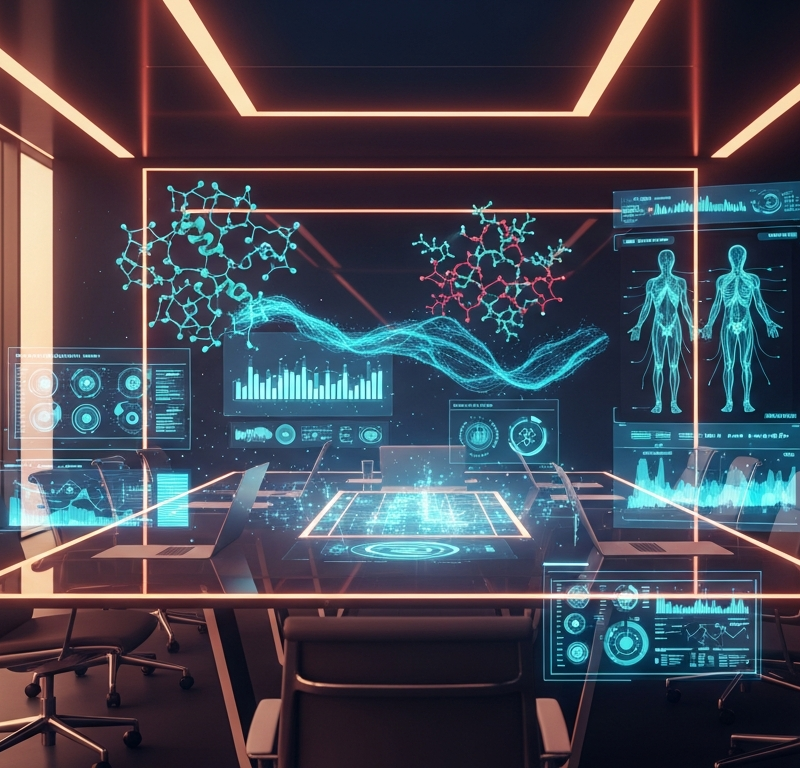 Futuristic healthcare boardroom with holographic medical AI displays