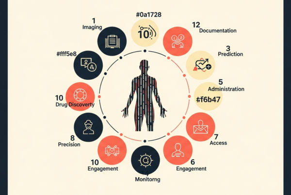 Infographic showing 10 AI benefits in healthcare around a central data-point figure