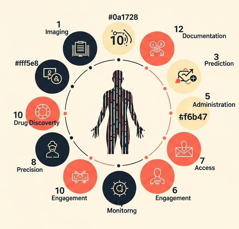 Infographic showing 10 AI benefits in healthcare around a central data-point figure