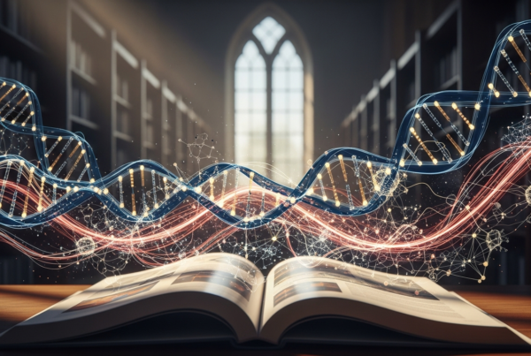 Open peer-reviewed medical journal with emerging data visualizations and neural network patterns