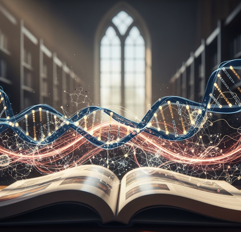 Open peer-reviewed medical journal with emerging data visualizations and neural network patterns