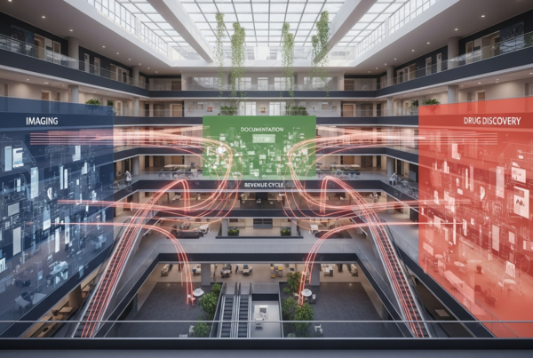 Architectural view of a modern hospital with interconnected AI data flows between departments