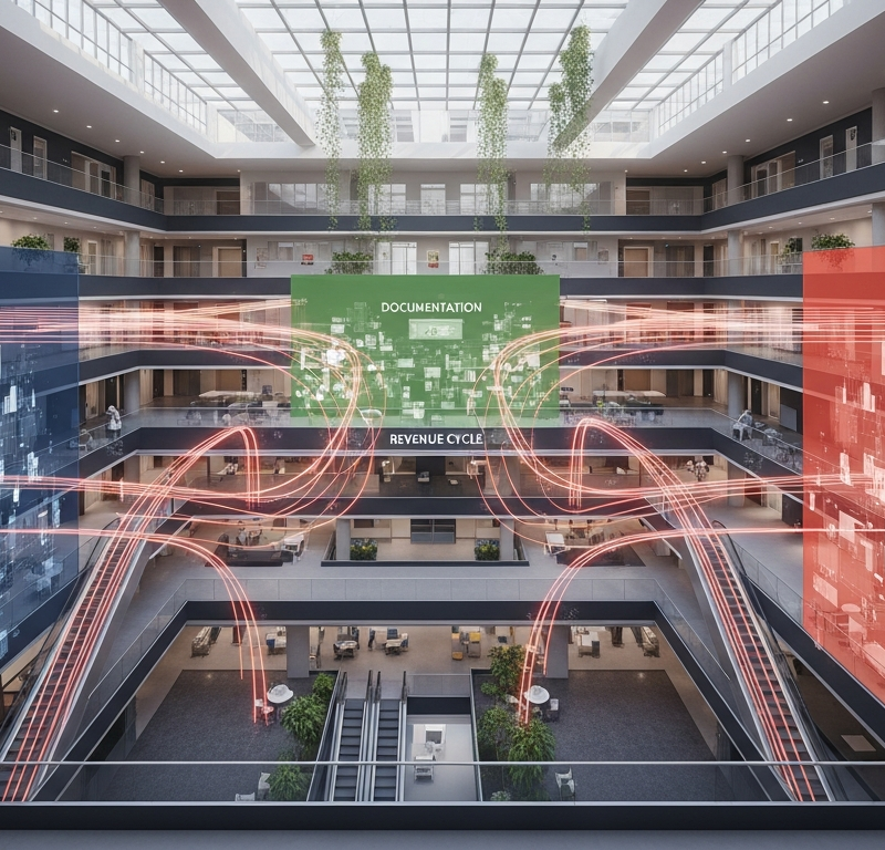 Architectural view of a modern hospital with interconnected AI data flows between departments
