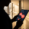 Clinician reviewing an AI stroke-triage alert on a tablet in a hospital corridor