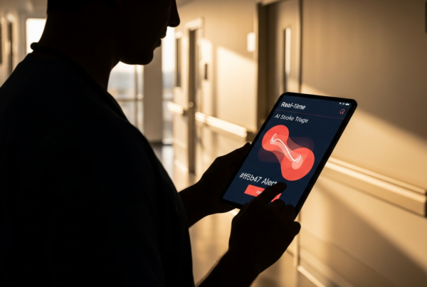 Clinician reviewing an AI stroke-triage alert on a tablet in a hospital corridor