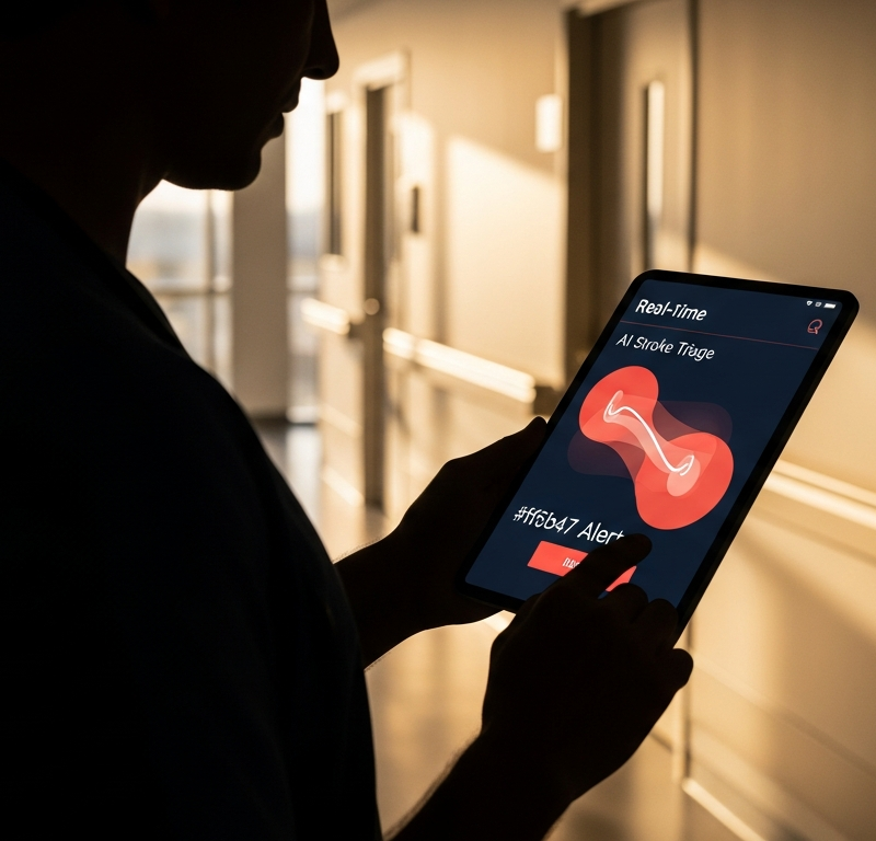 Clinician reviewing an AI stroke-triage alert on a tablet in a hospital corridor