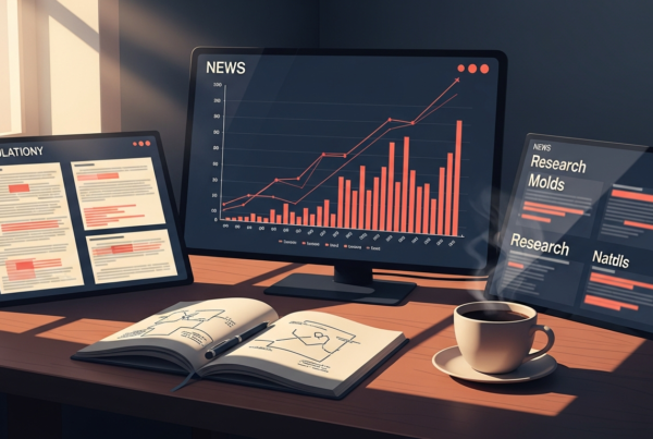 Reading desk with multiple digital displays showing healthcare AI news and research in morning light