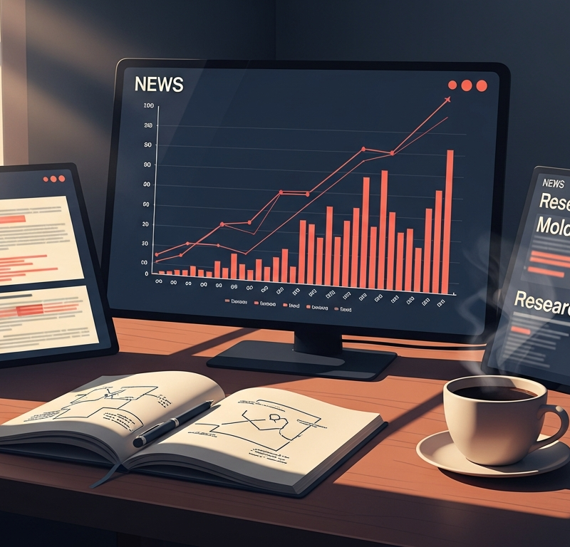 Reading desk with multiple digital displays showing healthcare AI news and research in morning light