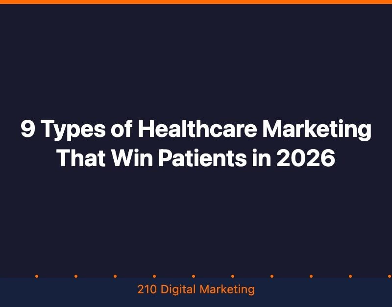 Types of healthcare marketing infographic showing 9 marketing strategies for healthcare practices in 2026