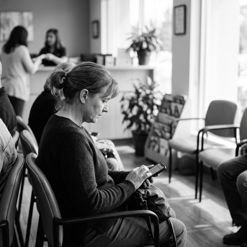 A patient seated in a clinic waiting room using a smartphone to complete a digital intake form, with reception staff in the background.