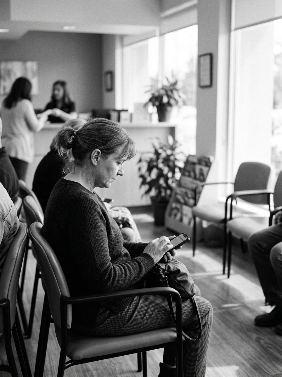 A patient seated in a clinic waiting room using a smartphone to complete a digital intake form, with reception staff in the background.