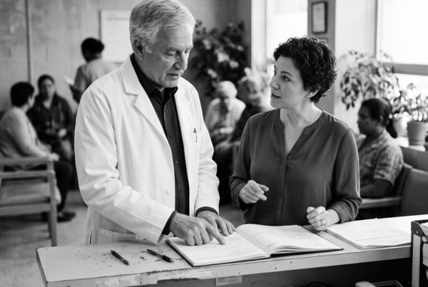 A clinician and a practice administrator reviewing patient records at a healthcare clinic reception desk, with a busy waiting room behind them.