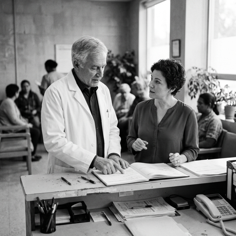 A clinician and a practice administrator reviewing patient records at a healthcare clinic reception desk, with a busy waiting room behind them.