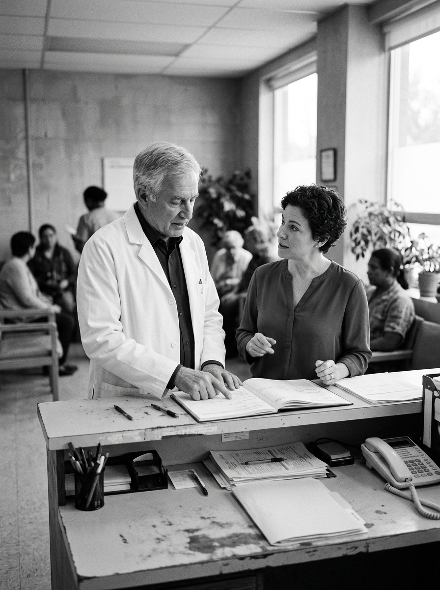 A clinician and a practice administrator reviewing patient records at a healthcare clinic reception desk, with a busy waiting room behind them.