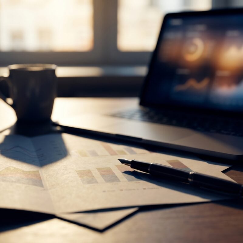 Laptop dashboards and printed performance charts on a desk used to review healthcare marketing benchmarks.