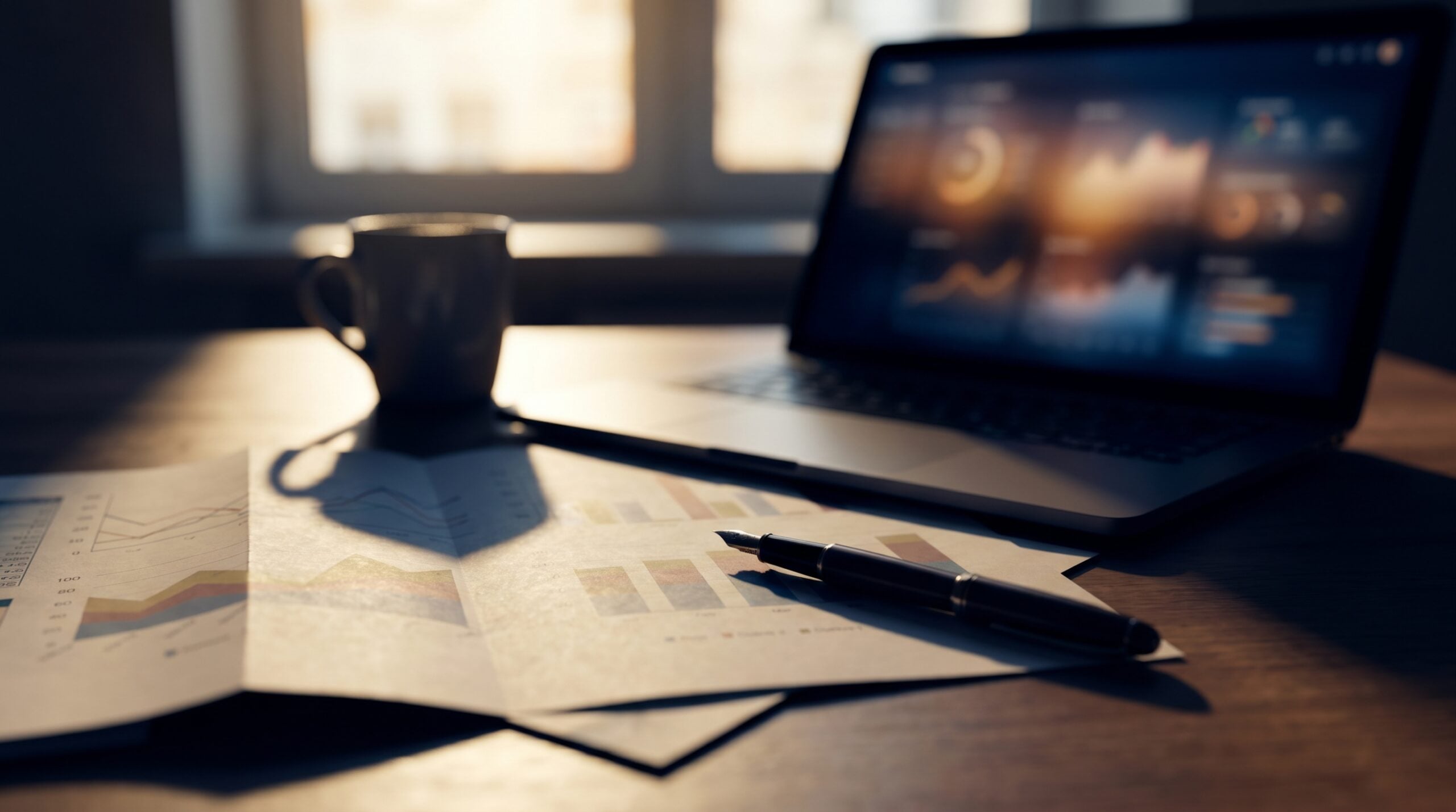 Laptop dashboards and printed performance charts on a desk used to review healthcare marketing benchmarks.