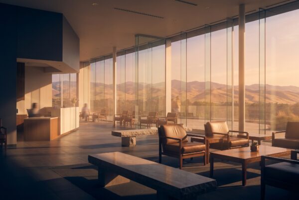 Modern clinic reception framing the foothills, illustrating healthcare digital marketing in Boise, Idaho.