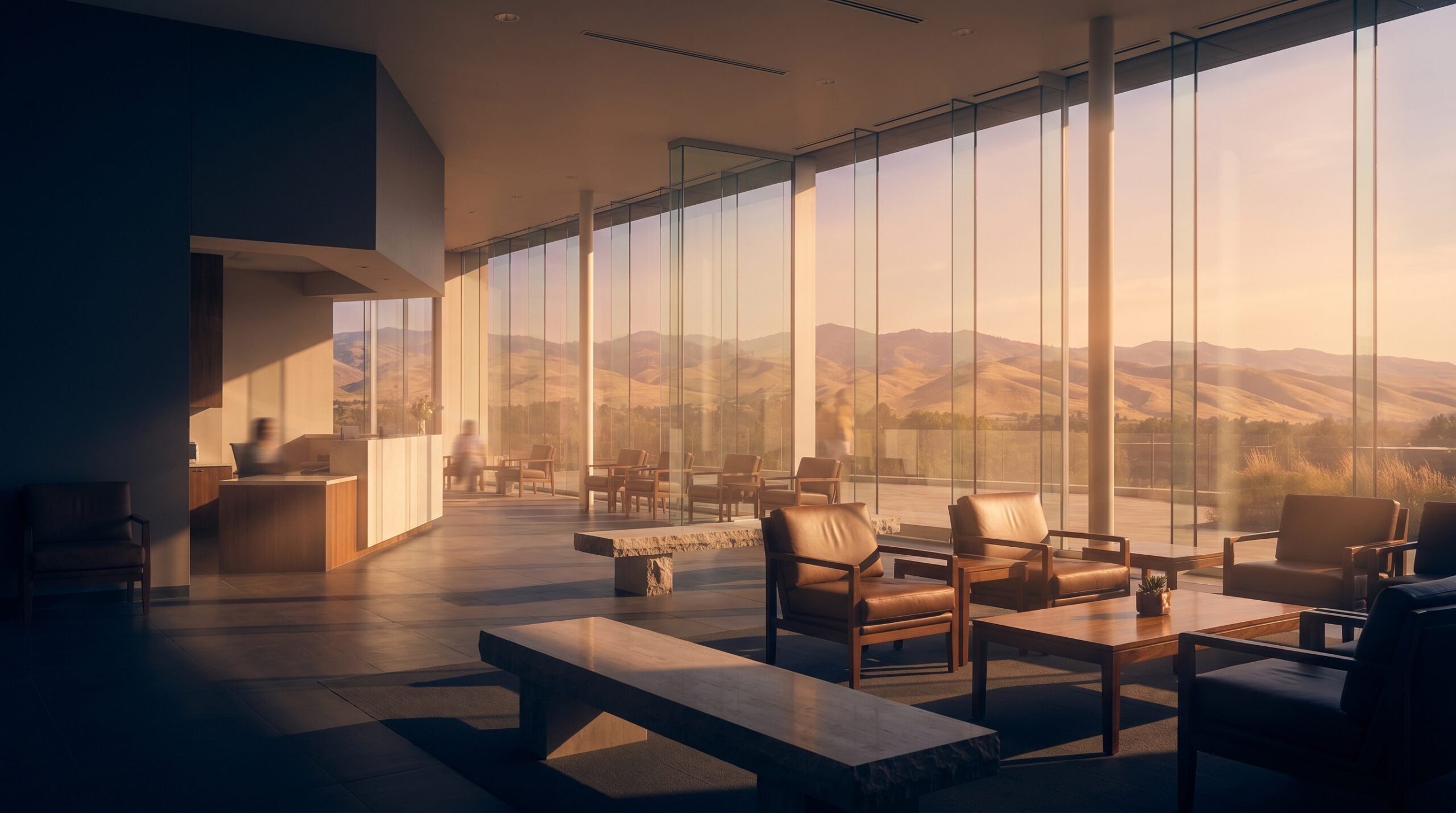 Modern clinic reception framing the foothills, illustrating healthcare digital marketing in Boise, Idaho.