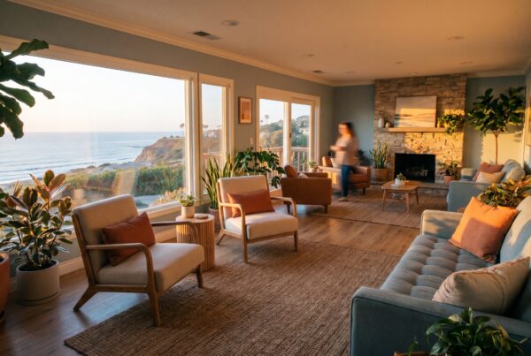 Warm clinic interior with plants and soft coastal light for behavioral-health marketing in San Diego.
