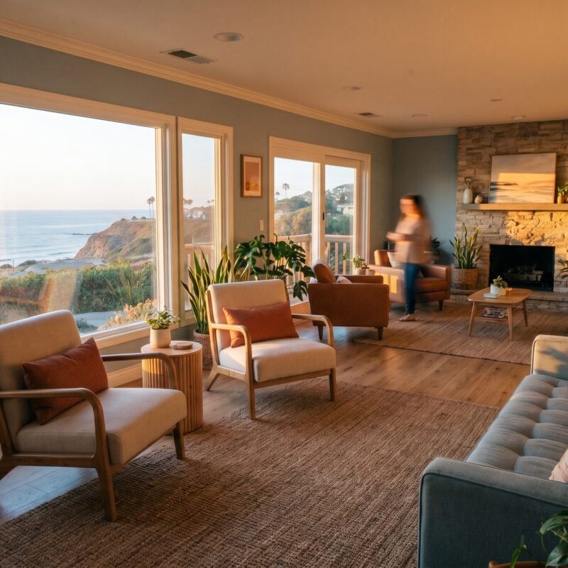 Warm clinic interior with plants and soft coastal light for behavioral-health marketing in San Diego.