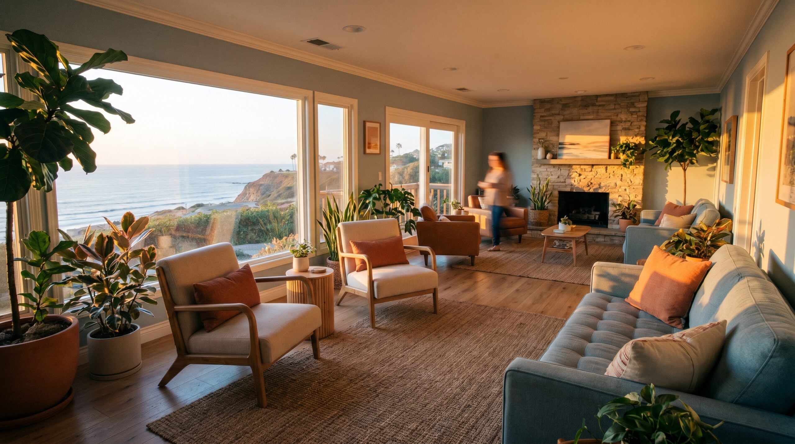 Warm clinic interior with plants and soft coastal light for behavioral-health marketing in San Diego.