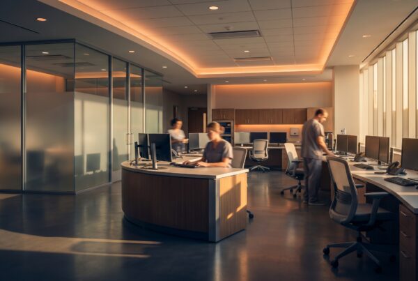 Medical staff work at computers in a modern clinical space during AI implementation for healthcare.