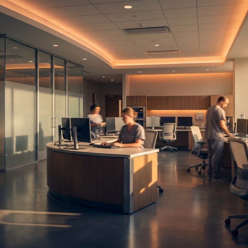 Medical staff work at computers in a modern clinical space during AI implementation for healthcare.