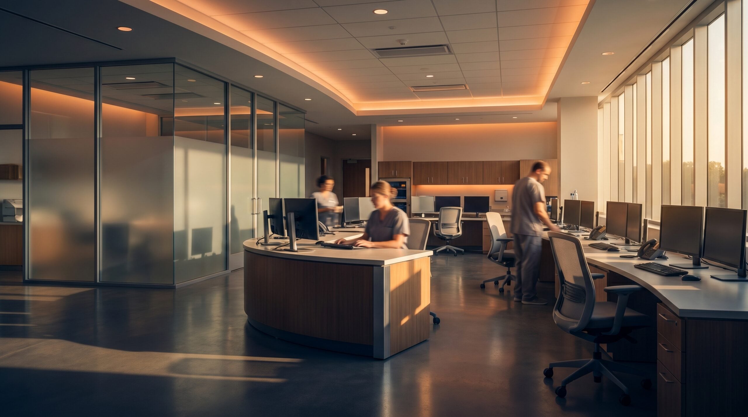 Medical staff work at computers in a modern clinical space during AI implementation for healthcare.