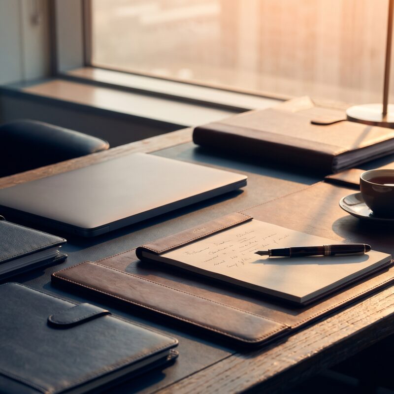 Healthcare executive desk with a laptop and proposal folders from a healthcare digital marketing company.