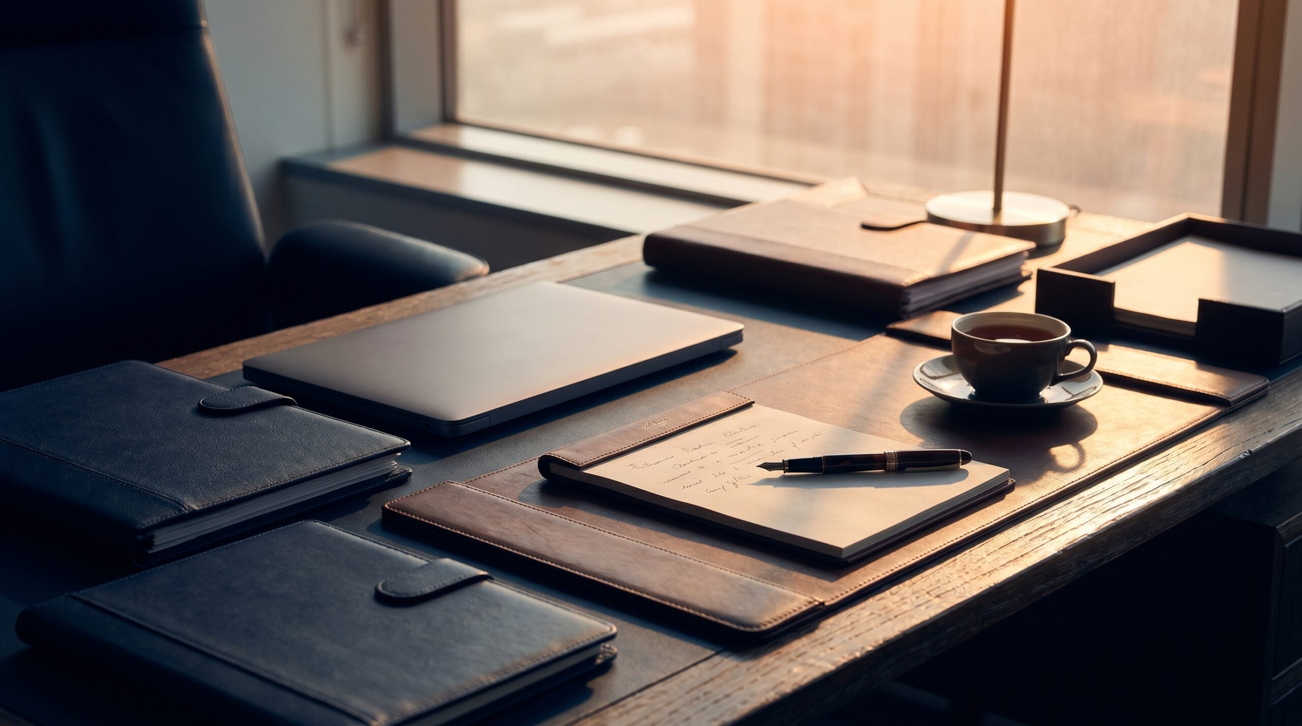 Healthcare executive desk with a laptop and proposal folders from a healthcare digital marketing company.