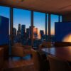 Modern strategy room with glowing screens showing a data-driven healthcare advertising channel mix at dusk.