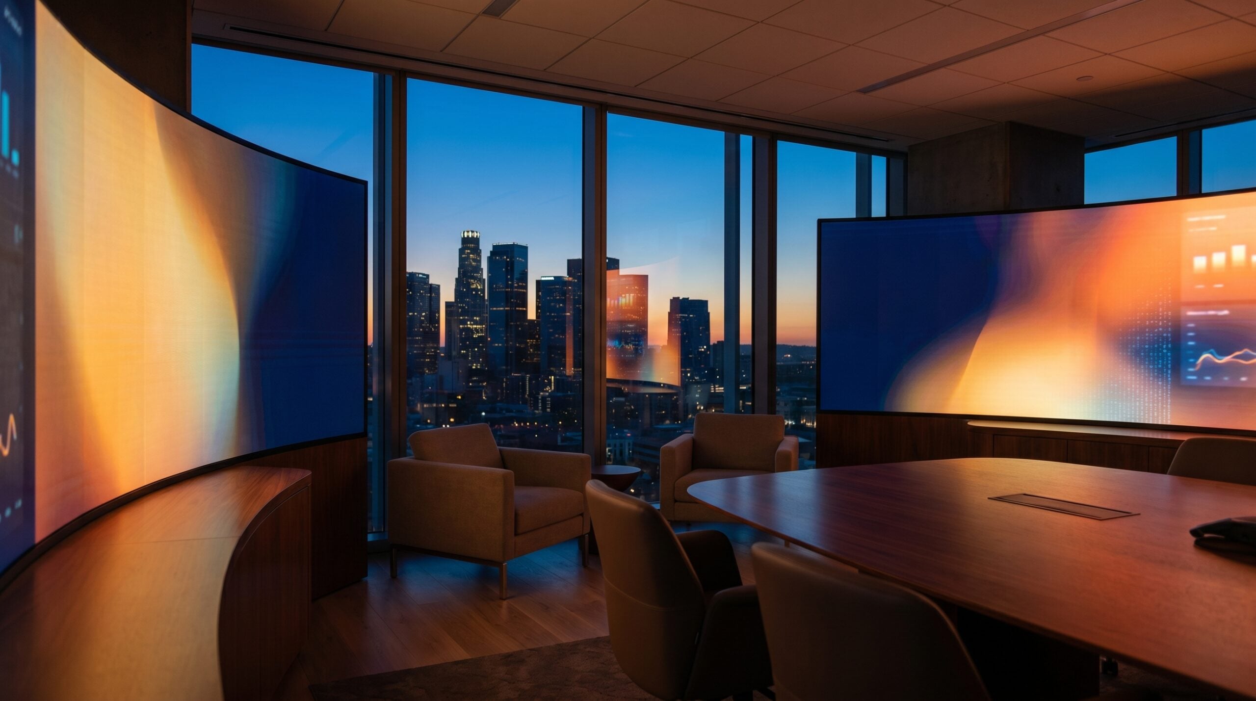 Modern strategy room with glowing screens showing a data-driven healthcare advertising channel mix at dusk.