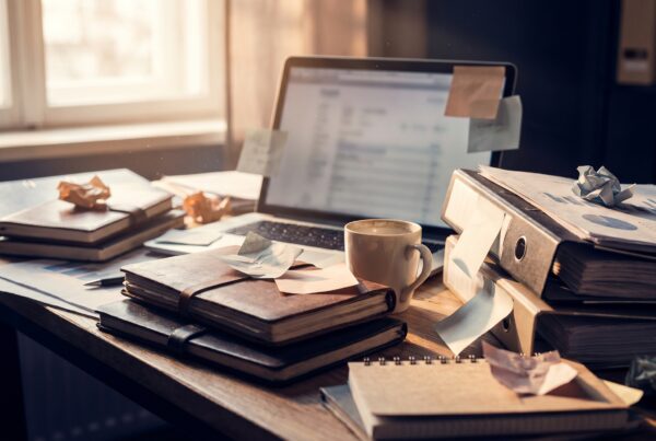 Layered strategy documents, analytics charts, and a laptop on the desk of a healthcare digital marketing expert.