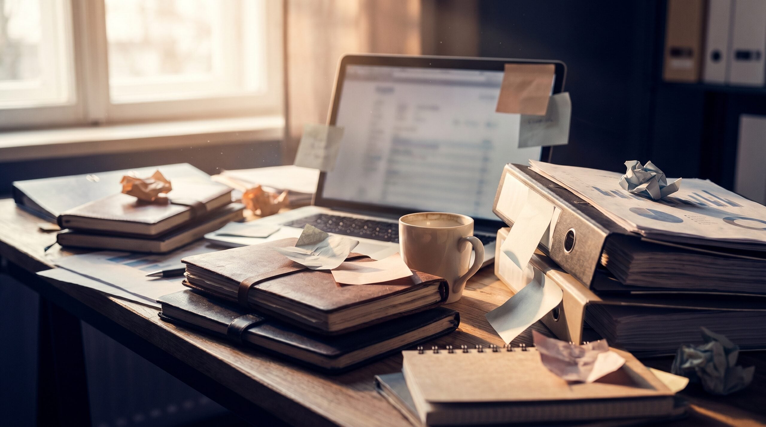 Layered strategy documents, analytics charts, and a laptop on the desk of a healthcare digital marketing expert.