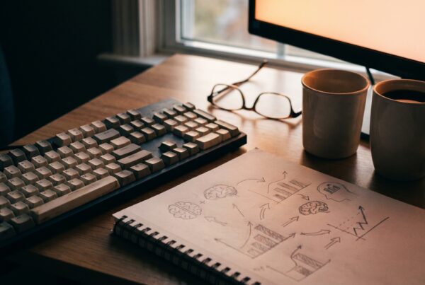 Workspace with a notepad of campaign sketches and a screen's soft glow, used for healthcare SEM and PPC planning.