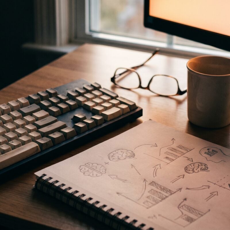 Workspace with a notepad of campaign sketches and a screen's soft glow, used for healthcare SEM and PPC planning.