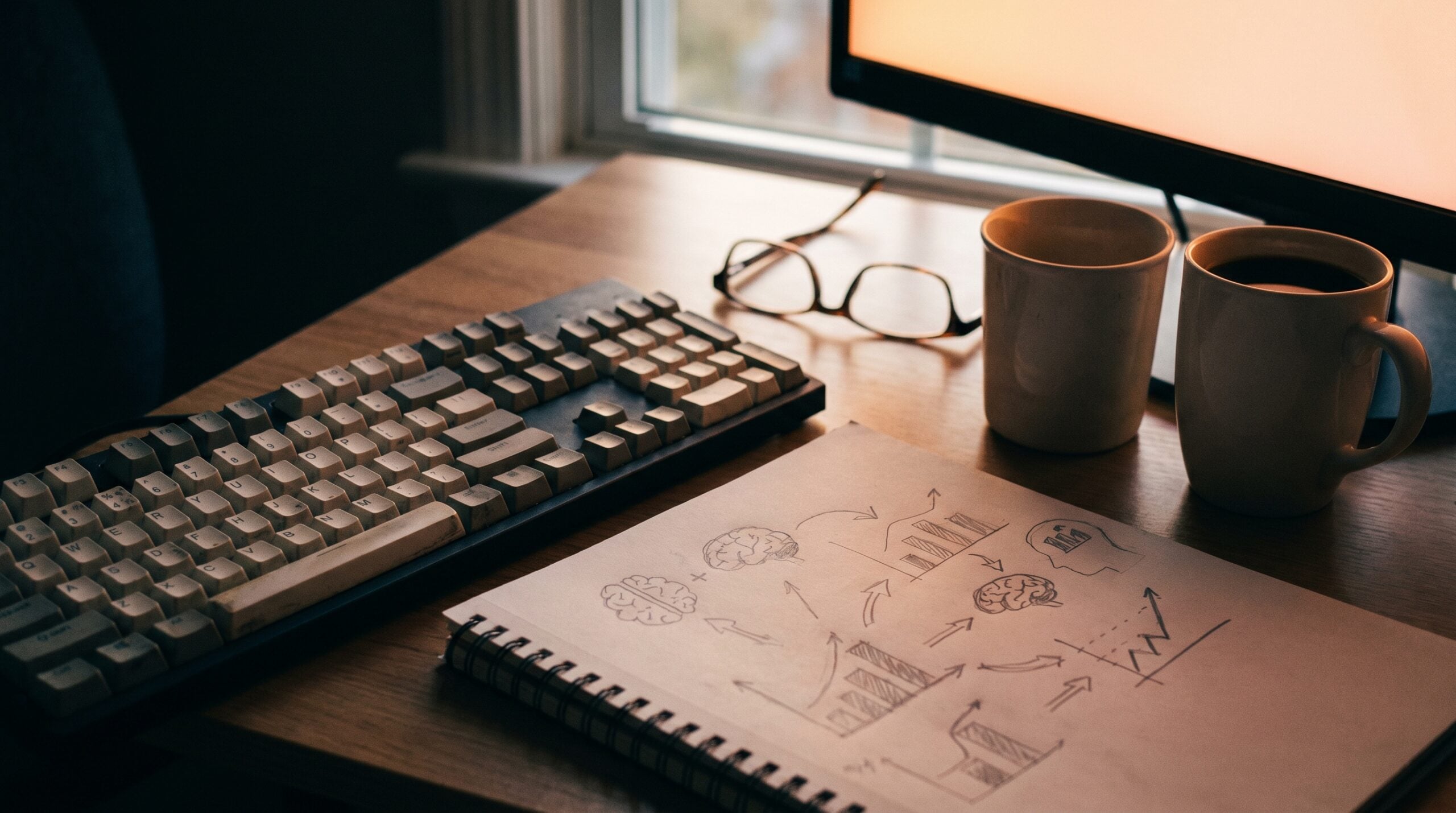 Workspace with a notepad of campaign sketches and a screen's soft glow, used for healthcare SEM and PPC planning.