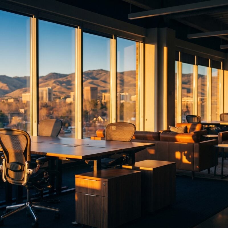 Modern marketing office for healthcare paid ads in Boise featuring large windows with golden hour views of the foothills.