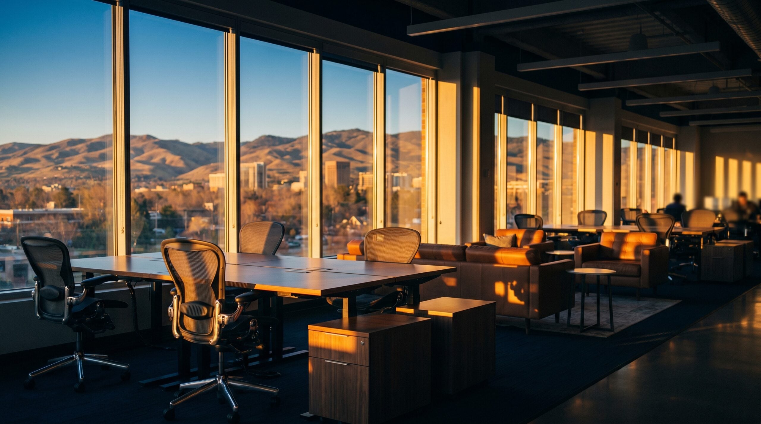 Modern marketing office for healthcare paid ads in Boise featuring large windows with golden hour views of the foothills.